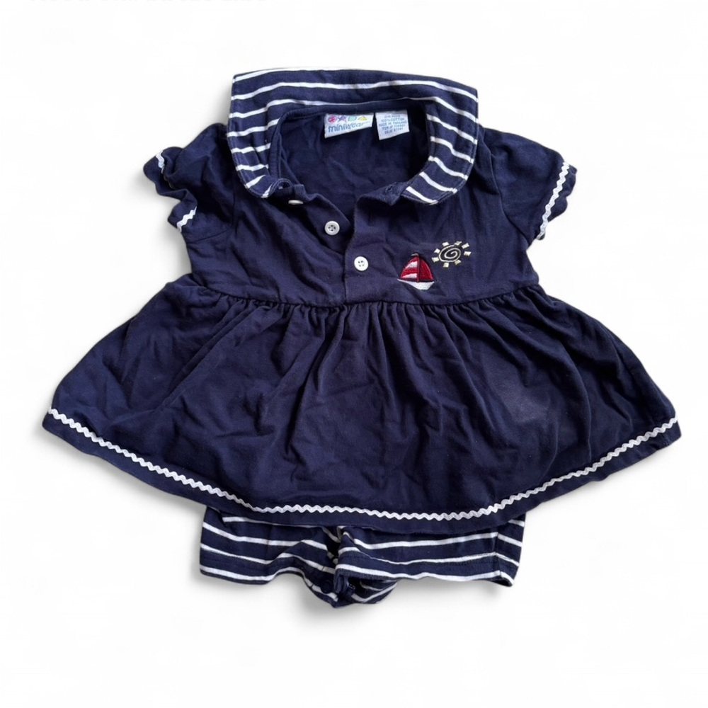 Vintage Navy Blue Baby Dress with Sailboat Embroidery